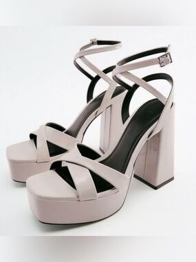 Zara Patent Platform Block Heel Sandal 40 US 9 Square Toe Strappy Nude Ankle